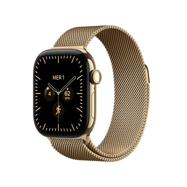 Apple Watch Series 12 GPS Cellular cassa 42 mm in titanio color oro brillante con loop in maglia milanese color oro brillante